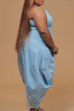 Light Blue Fashion Casual Solid Backless V Neck Plus Size Jumpsuits