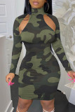 Red Fashion Sexy Camouflage Print Hollowed Out Turtleneck Long Sleeve Dresses