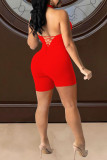 Red Sexy Solid Hollowed Out Backless Strap Design Halter Skinny Romper