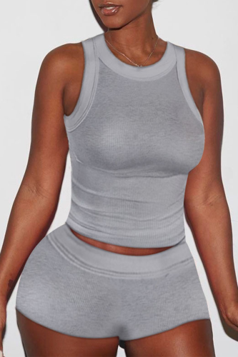 Grey Casual Solid Patchwork U Neck Sleeveless Two Pieces