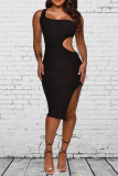 Black Sexy Solid Hollowed Out One Shoulder Pencil Skirt Dresses