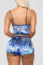Blue Sexy Fashion Print Suspender Top Shorts Set