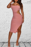 Pink Sexy Solid Hollowed Out One Shoulder Pencil Skirt Dresses