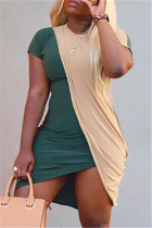 Ink Green Fashion Casual Patchwork Asymmetrical O Neck Short Sleeve Dress