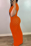 Orange Sexy Solid Patchwork V Neck Pencil Skirt Dresses