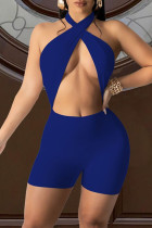 Blue Sexy Solid Hollowed Out Backless Strap Design Halter Skinny Romper