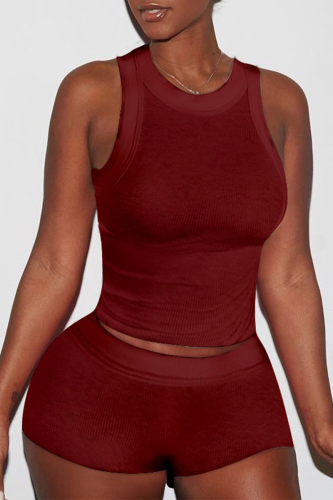 Purplish Red Casual Solid Patchwork U Neck Sleeveless Two Pieces