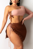 Light Pink Fashion Sexy Solid Strap Design One Shoulder Plus Size Two Pieces