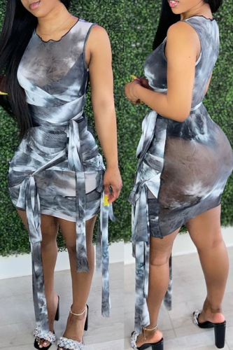 Grey Sexy Print Bandage Patchwork O Neck Pencil Skirt Dresses