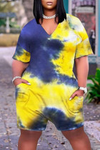 Yellow Fashion Casual Print Tie Dye Basic V Neck Plus Size Romper