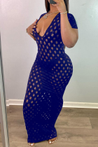 Blue Sexy Solid Split Joint V Neck Pencil Skirt Dresses