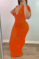 Orange Sexy Solid Patchwork V Neck Pencil Skirt Dresses