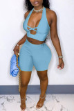 Sky Blue Fashion Sexy Solid Hollowed Out Backless Halter Sleeveless Two Pieces