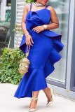 Blue Fashion Sexy Solid Flounce Spaghetti Strap Sleeveless Dress