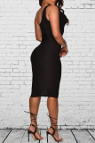 Black Sexy Solid Hollowed Out One Shoulder Pencil Skirt Dresses