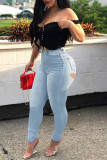Deep Blue Fashion Casual Solid Ripped High Waist Regular Jeans