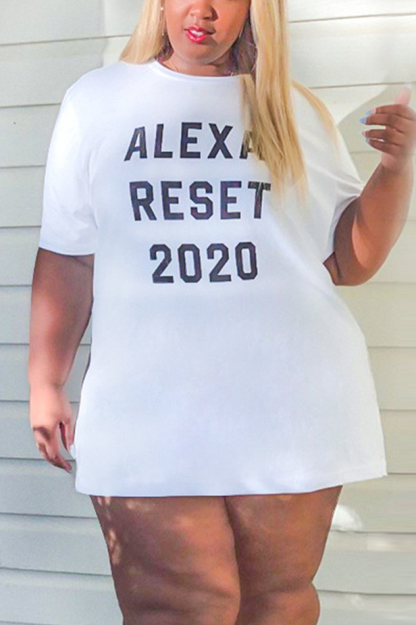 White Casual Plus Size Letter Printed T-shirt Dress