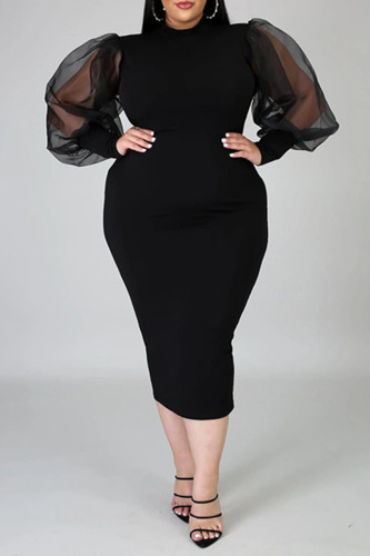 Black Fashion Solid Patchwork See-through Slit Half A Turtleneck Long Sleeve Plus Size Dresses