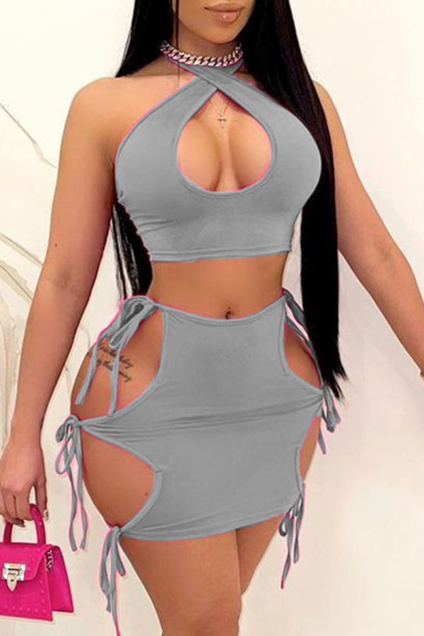 Grey Sexy Solid Hollowed Out Backless Strap Design Halter Sleeveless Two Pieces