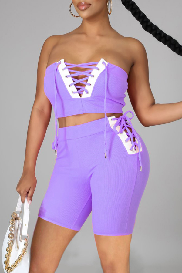 Purple Sexy Casual Solid Patchwork Backless Strap Design Sleeveless Two Pieces