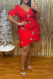 Red Fashion Casual Plus Size Print Basic V Neck Short Sleeve Dress