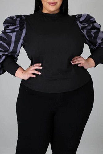 Black Fashion Casual Print Patchwork O Neck Plus Size Tops