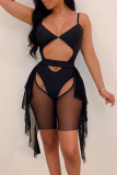 Black Sexy Solid Hollowed Out Patchwork Mesh Swimwears