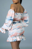 Pink Sexy Casual Print Backless Square Collar Long Sleeve Two Pieces
