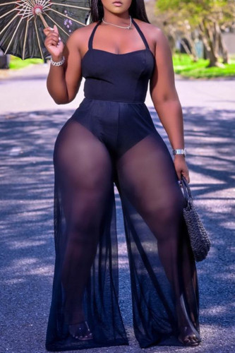 Black Sexy Casual Solid Patchwork See-through Backless Halter Regular Jumpsuits