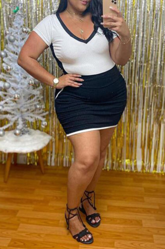 White Fashion Casual Plus Size Patchwork Basic V Neck Short Sleeve Dress