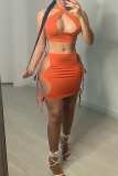 Orange Sexy Solid Hollowed Out Backless Strap Design Halter Sleeveless Two Pieces