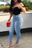 Light Blue Fashion Casual Solid Ripped High Waist Regular Jeans