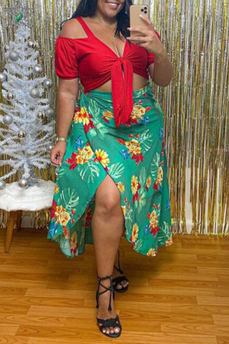 Green Sexy Casual Print Slit V Neck Plus Size Two Pieces