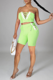 Fluorescent Green Sexy Casual Solid Patchwork Backless Strap Design Sleeveless Two Pieces