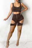 Coffee Sexy Solid Hollowed Out U Neck Sleeveless Two Pieces