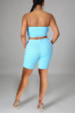 Light Blue Sexy Casual Solid Patchwork Backless Strap Design Sleeveless Two Pieces