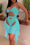 Baby Blue Sexy Solid Hollowed Out Patchwork Mesh Swimwears