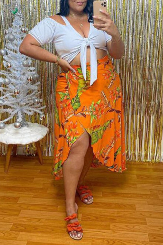 Yellow Sexy Casual Print Slit V Neck Plus Size Two Pieces