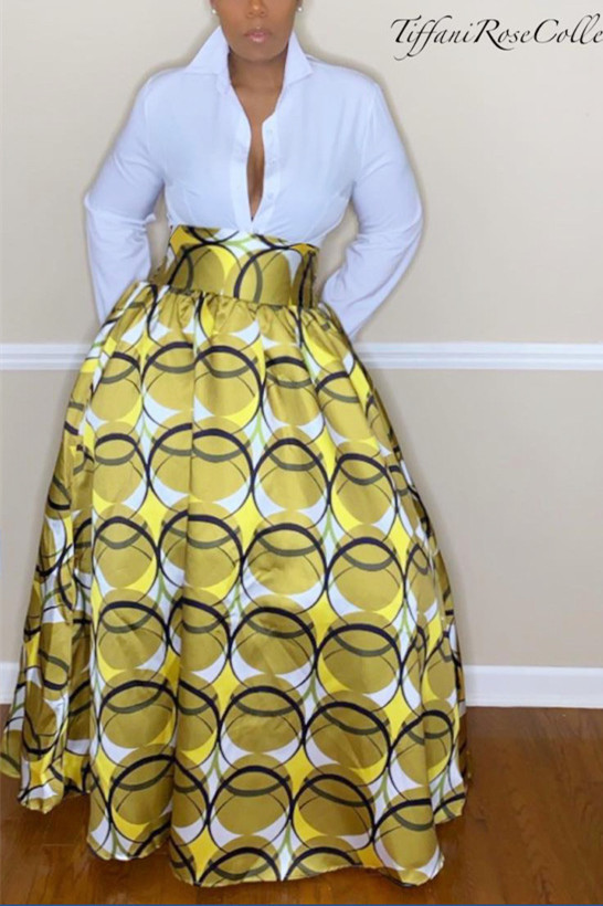 Yellow Trendy Printed Floor Length Skirts