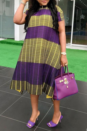 Yellow Purple Fashion Casual Plus Size Patchwork Basic O Neck Short Sleeve Dress