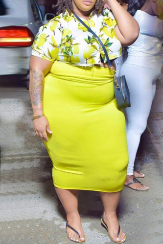 Yellow Fashion Casual Print Basic Turndown Collar Plus Size Two Pieces