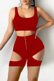 Red Sexy Solid Hollowed Out U Neck Sleeveless Two Pieces