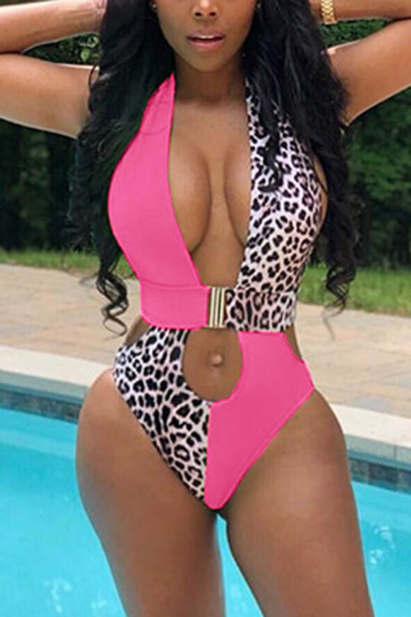 

Pink Sexy Printing Stitching Sleeveless Swimsuit
