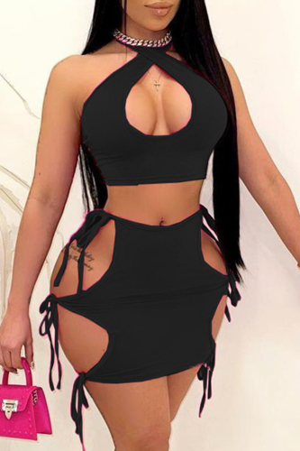 Black Sexy Solid Hollowed Out Backless Strap Design Halter Sleeveless Two Pieces