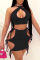 Black Sexy Solid Hollowed Out Backless Strap Design Halter Sleeveless Two Pieces