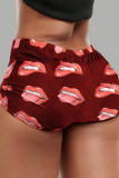 Red Fashion Casual Lips Printed Basic Regular Mid Waist Shorts