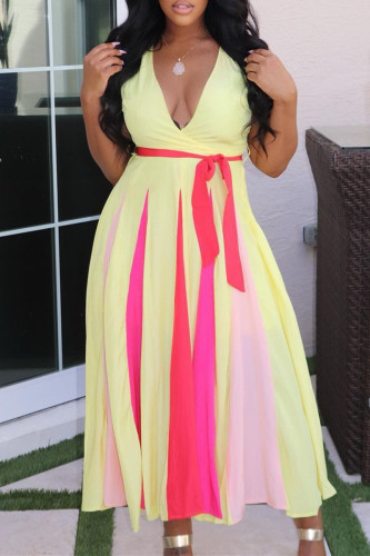 Multi-color Sexy Casual Patchwork Basic V Neck Vest Dress
