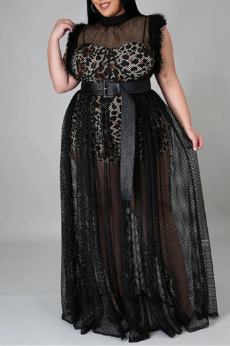 Black Sexy Plus Size Patchwork See-through Without Belt Turtleneck Sleeveless Dress