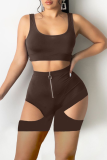Coffee Sexy Solid Hollowed Out U Neck Sleeveless Two Pieces
