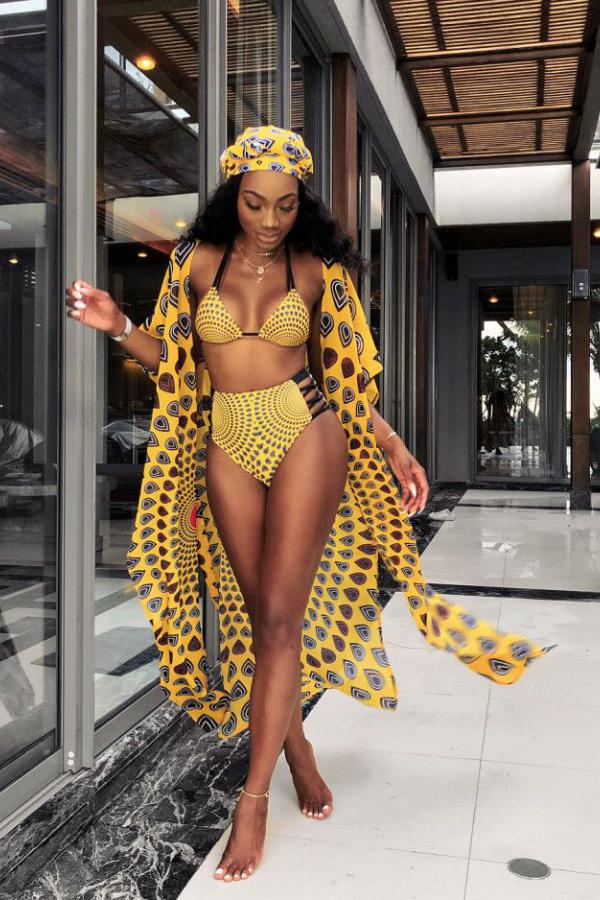 

Yellow Geometric Asymmetrical Print Fashion Sexy Bikinis Set